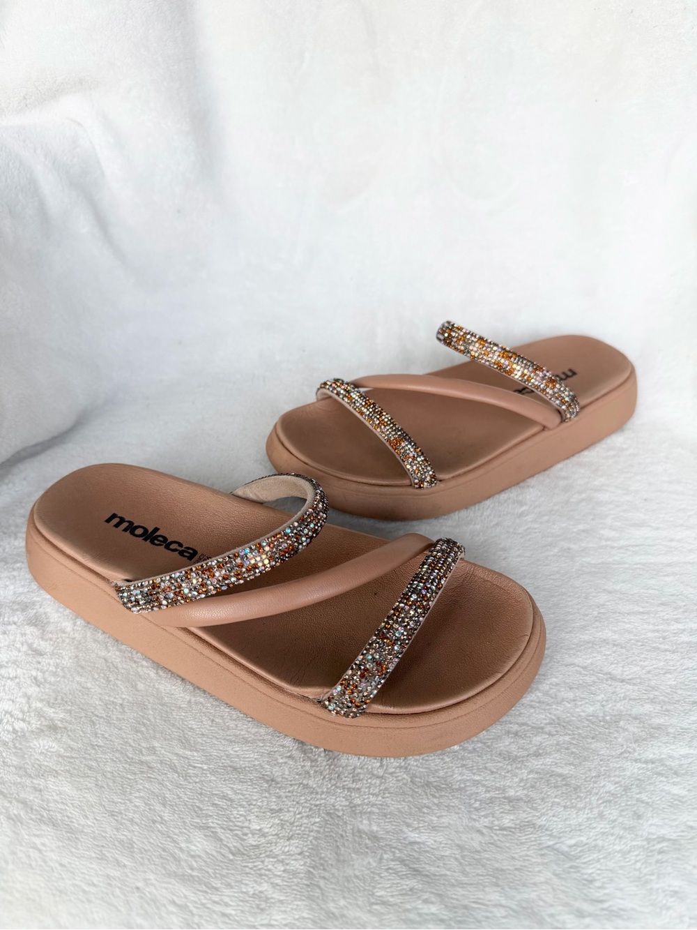 Moleca Big Girls' Blush Tan Slide Sandals with Sparkle Straps Size 4